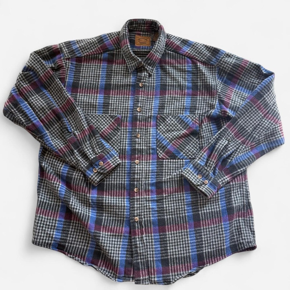 Vintage 1995 St. John's Bay heavyweight plaid flannel, blue & maroon, XL Tall